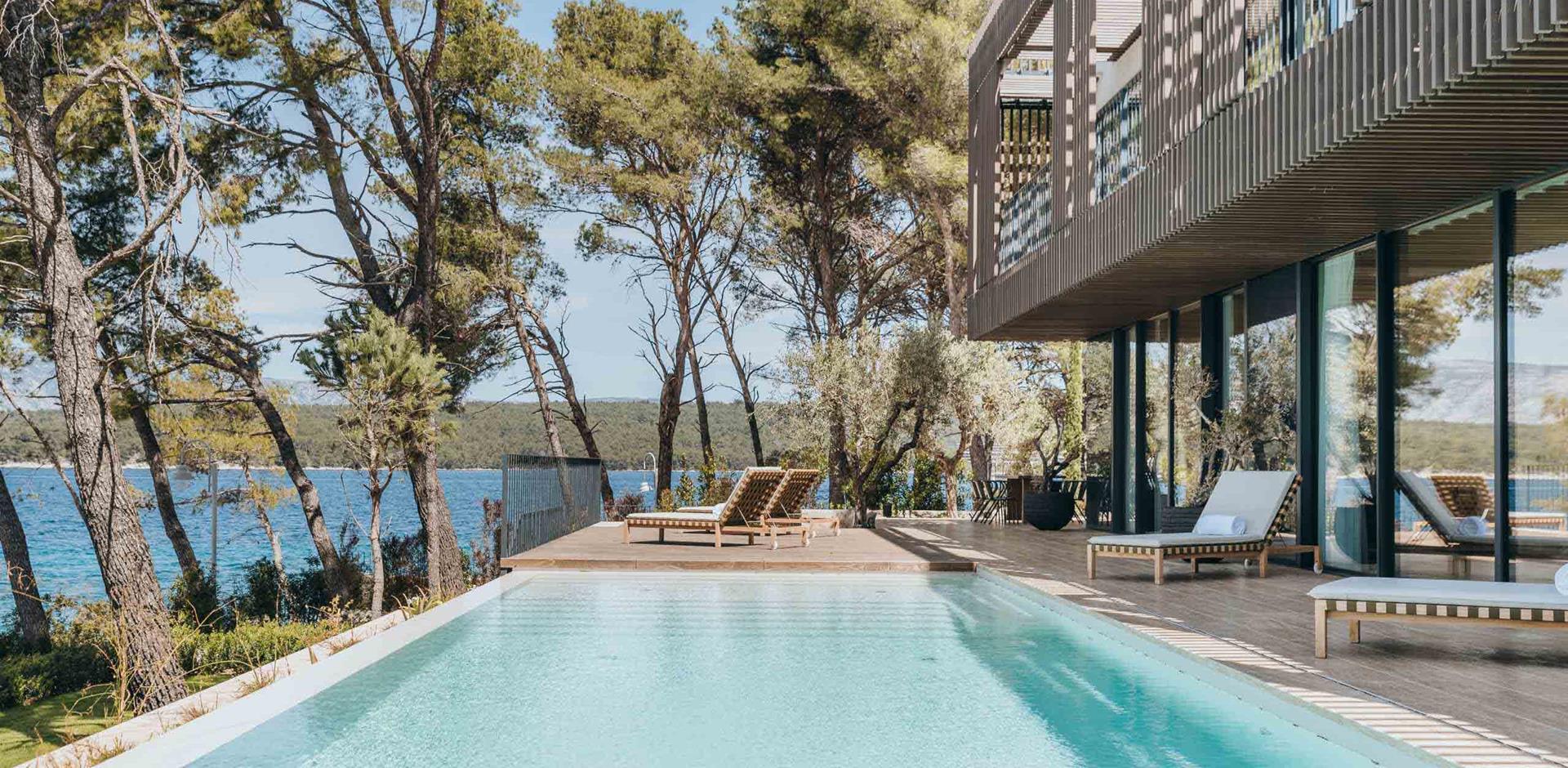 Pool area, Villa Bay, Hvar Island, Croatia, Europe Pool area, Villa Bay, Hvar Island, Croatia, Europe