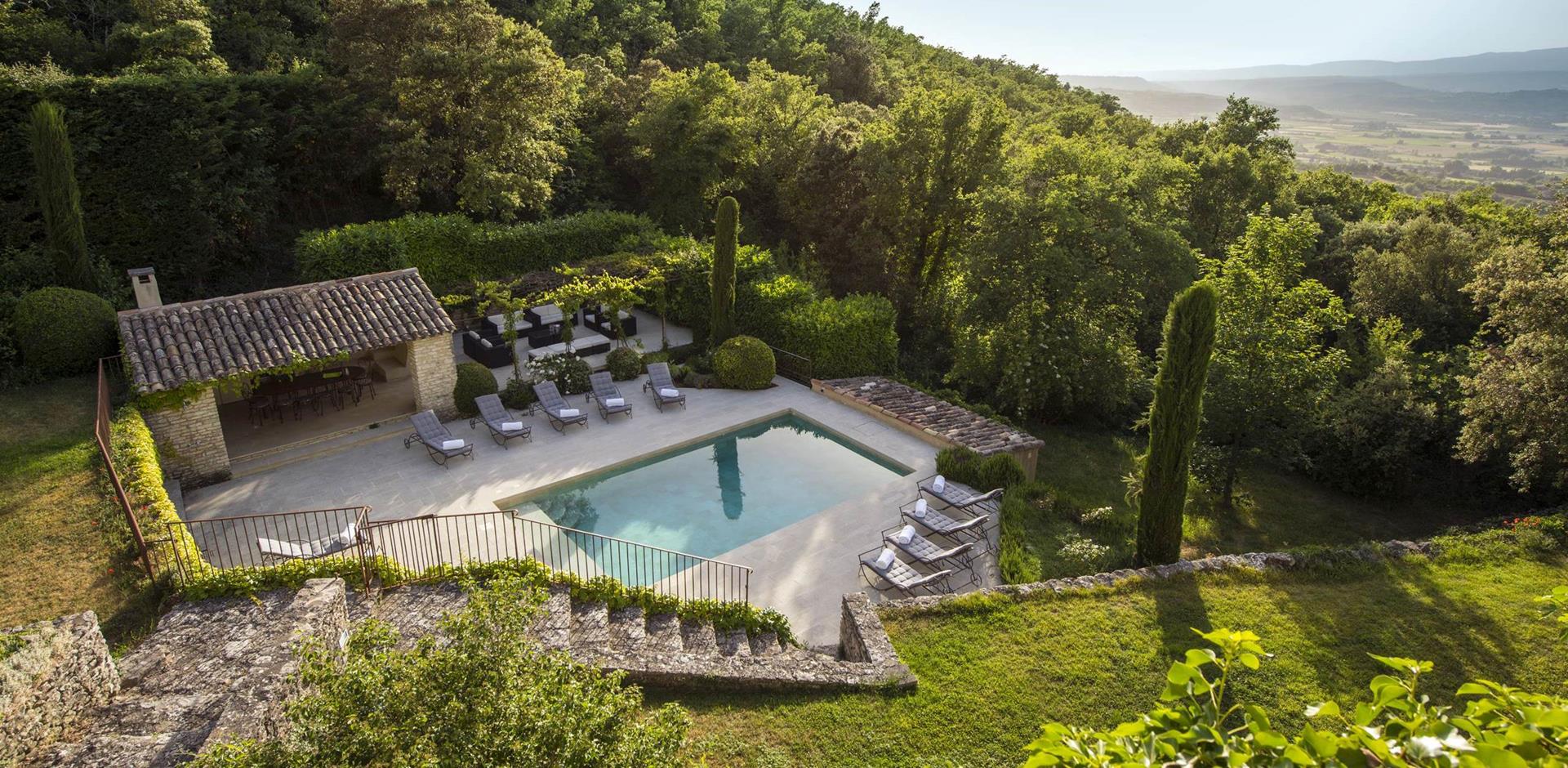 Aerial pool view, Bastide Bonnieux, Provence
