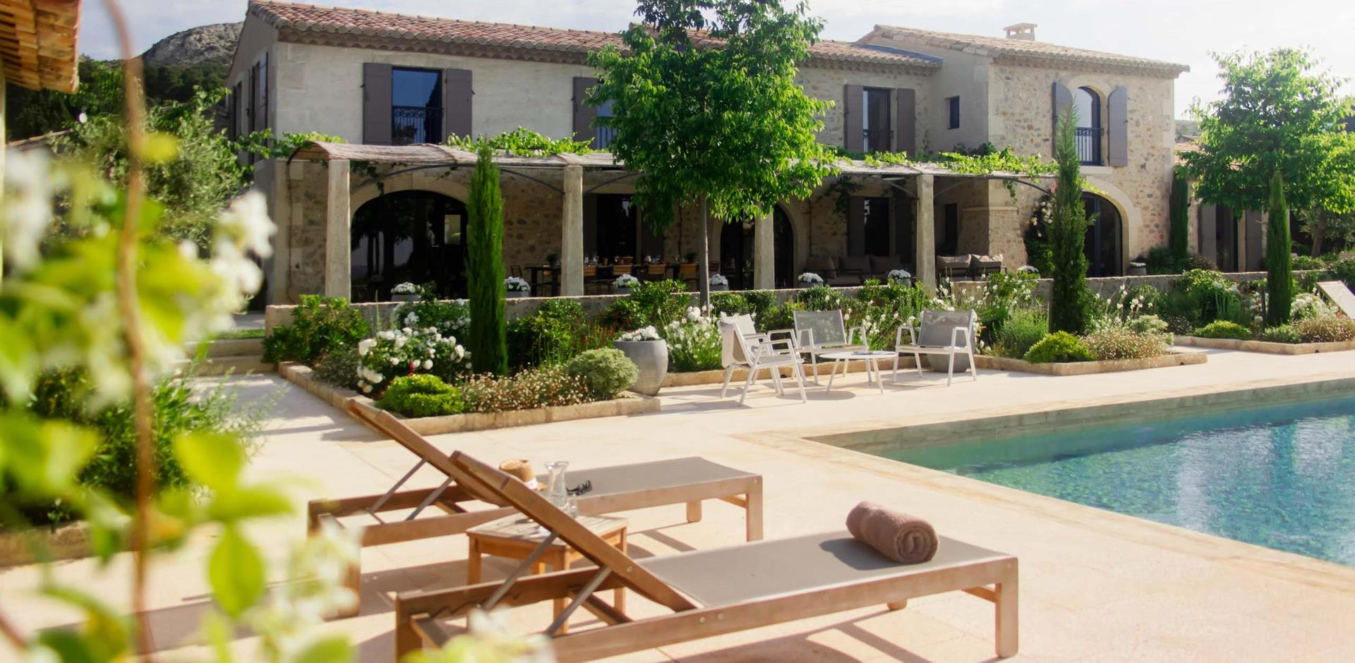 Sun loungers, Le Mas des Belles Fleurs, Provence, France, Europe