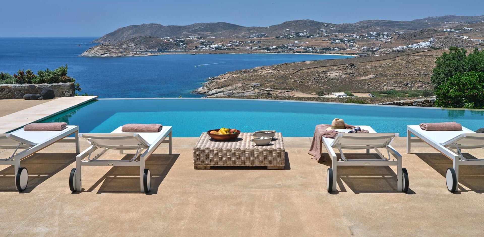 Sun loungers and pool, Villa Lia, Mykanos, Greece
