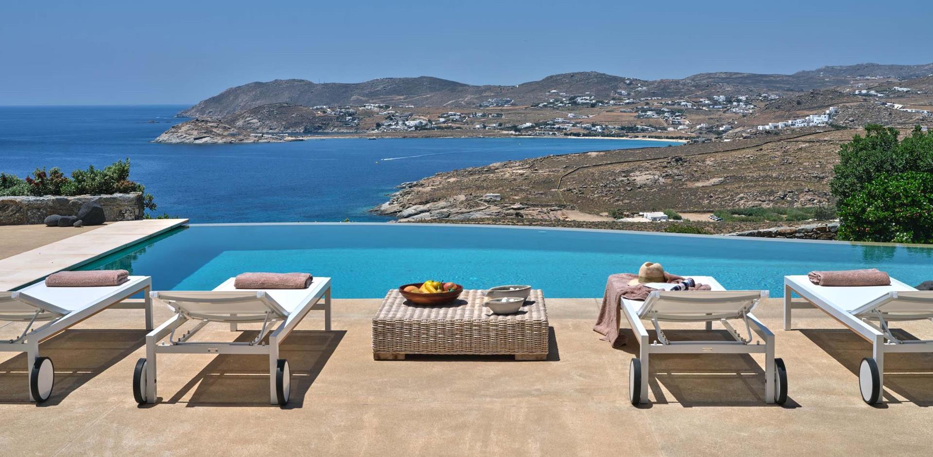 Sun loungers and pool, Villa Lia, Mykanos, Greece