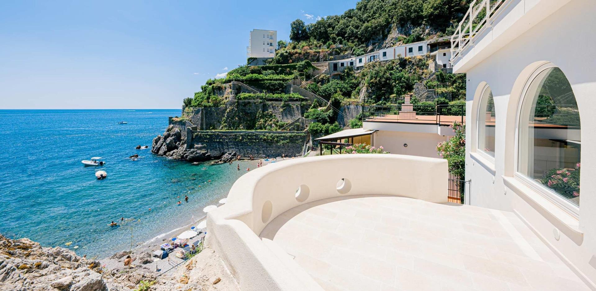 Balcony with view of bay, Casa al Lido, Amalfi Coast, Italy