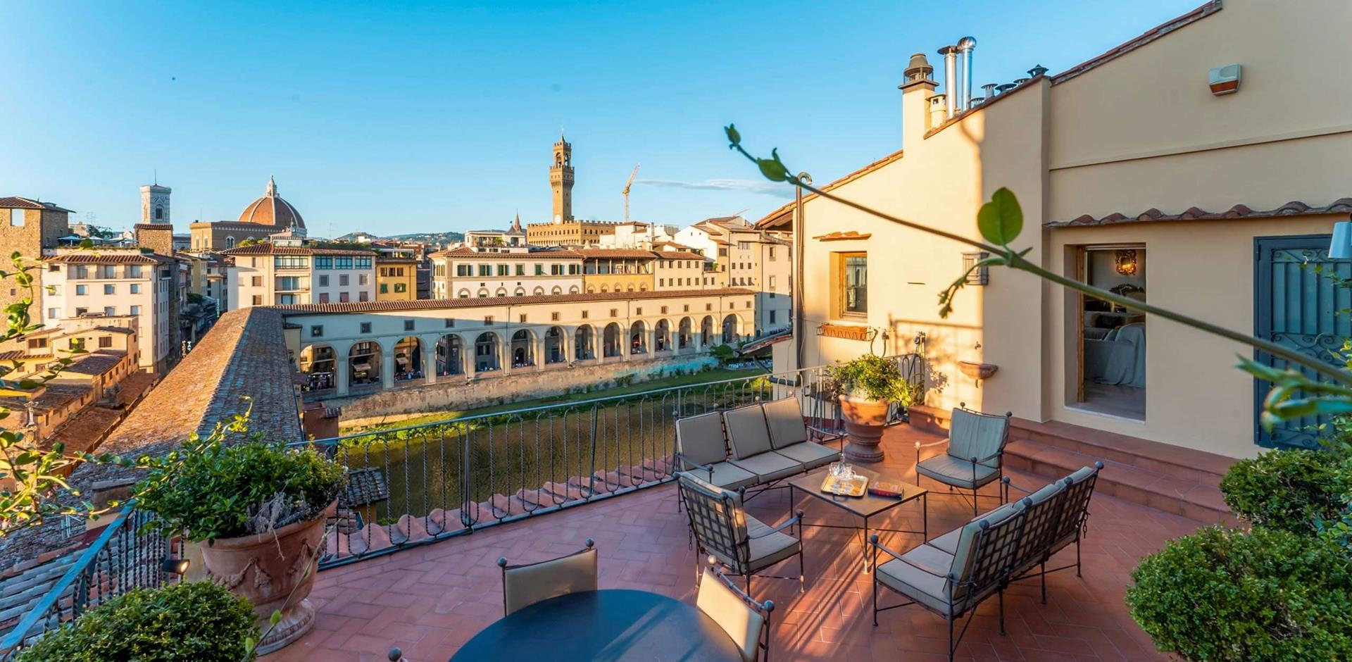 Outdoor seating area, Ponte View, Florence, Italy, Europe