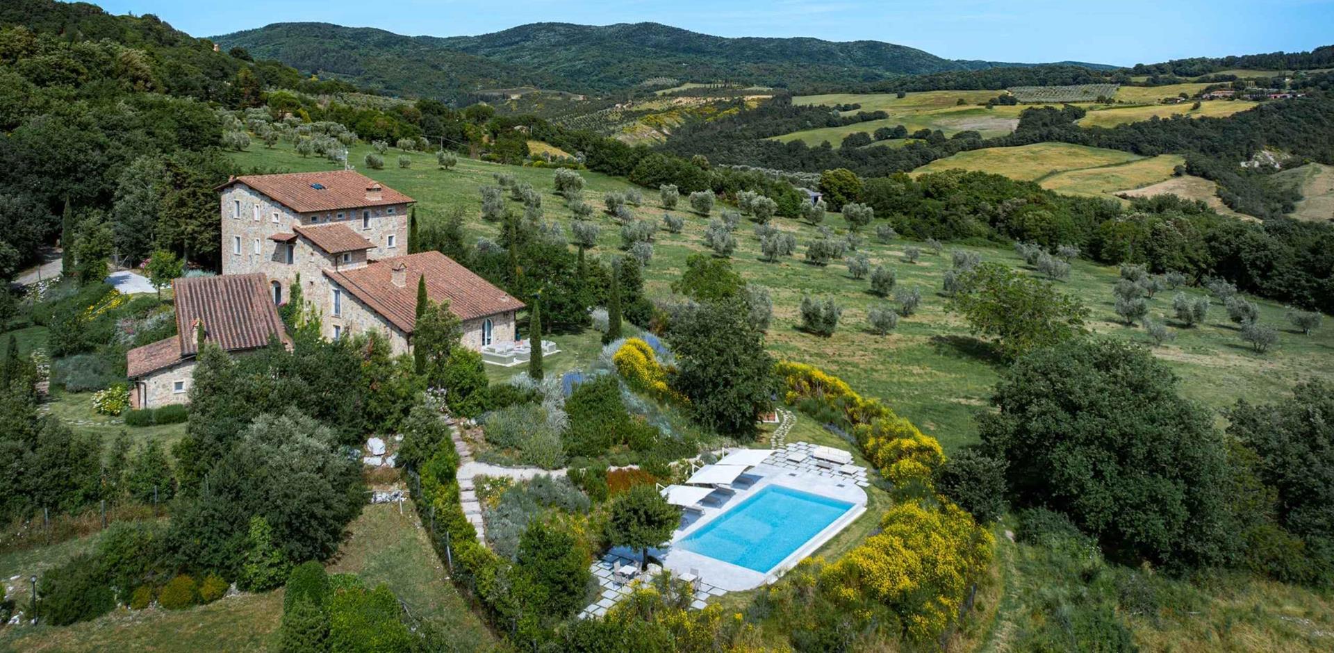 Aerial view, Villa delle Ruote, Tuscany, Italy