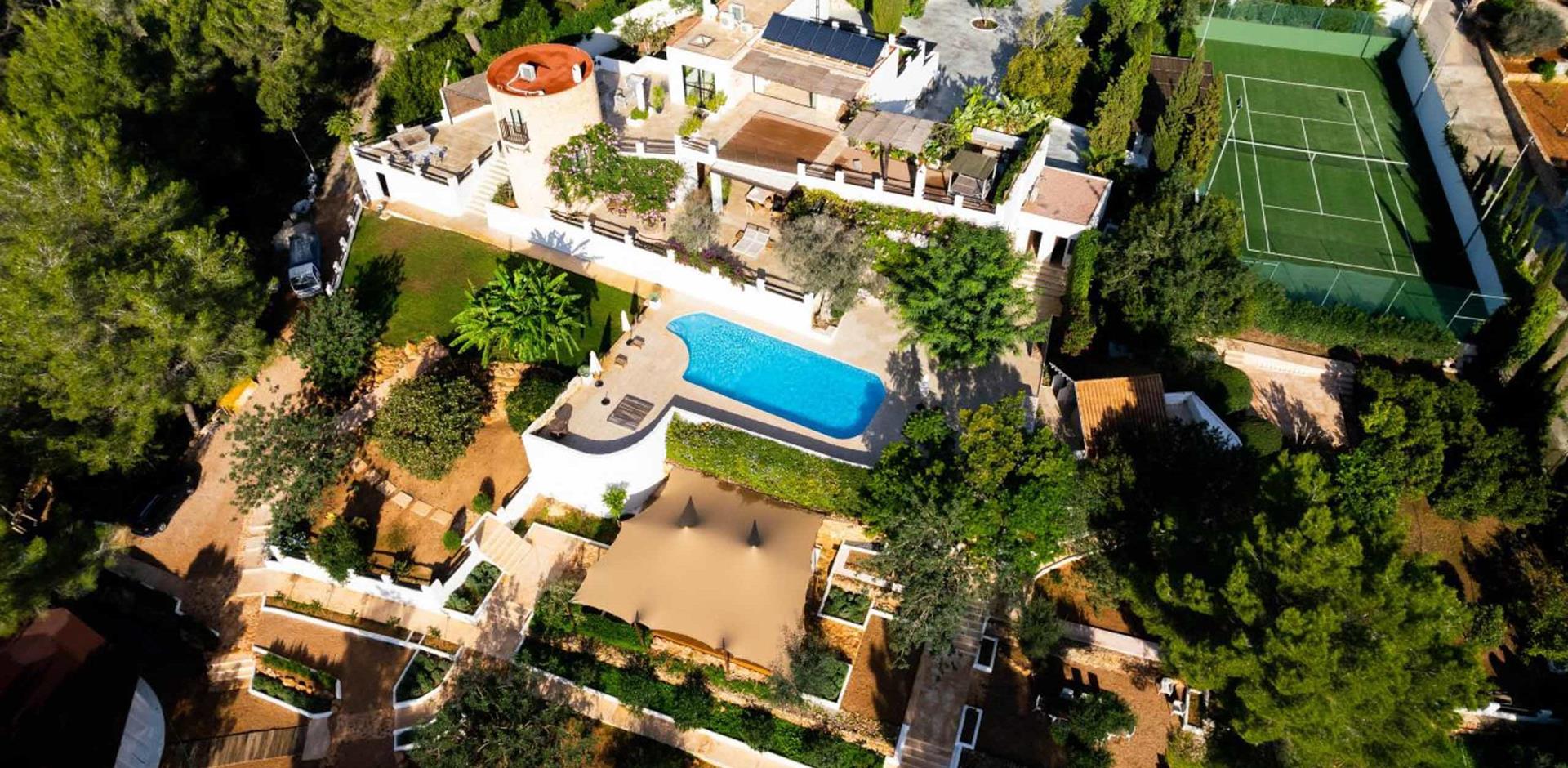 Aerial view of La Gloriosa, Santa Eulalia, Ibiza, Spain, Europe